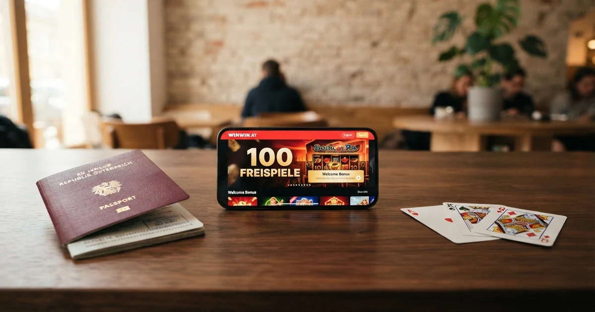 Ein Smartphone zeigt eine Casino-App mit der Anzeige „100 Freispiele“ auf dem Bildschirm, daneben liegen Spielkarten und ein österreichischer Reisepass