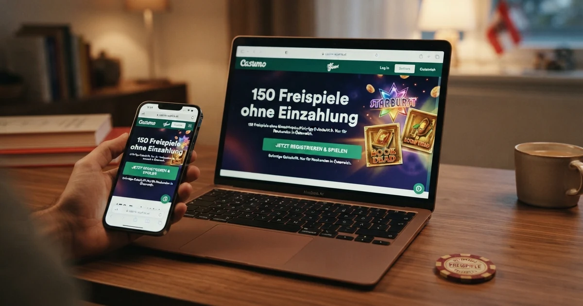 Ein Laptop-Bildschirm und ein Smartphone zeigen nebeneinander die Startseite eines Online-Casinos mit dem Schriftzug „150 Freispiele ohne Einzahlung“ und einer Registrierungs-Schaltfläche