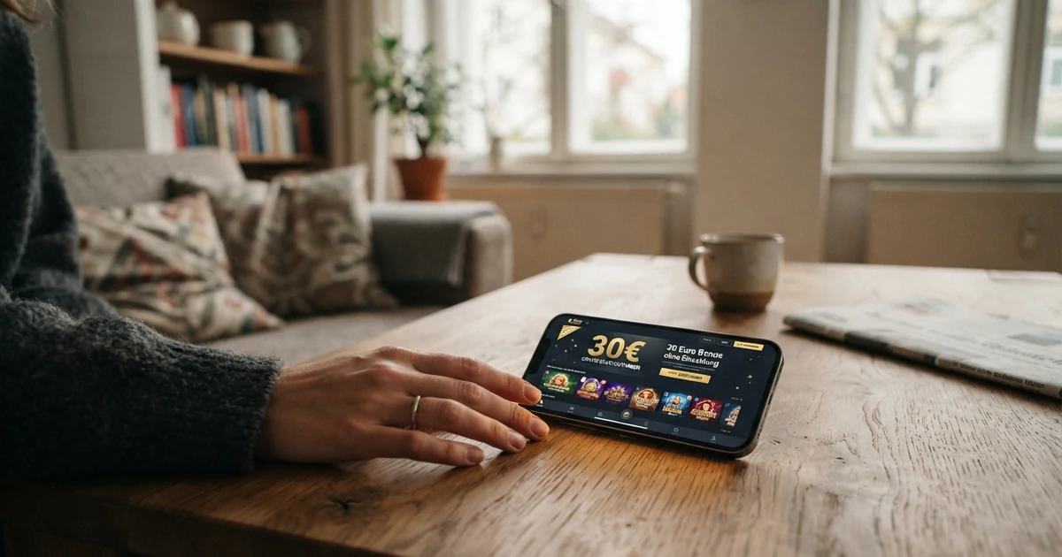 Startbildschirm eines Online-Casinos mit hervorgehobenem Bonus-ohne-Einzahlung-Angebot und der Summe von 30 Euro