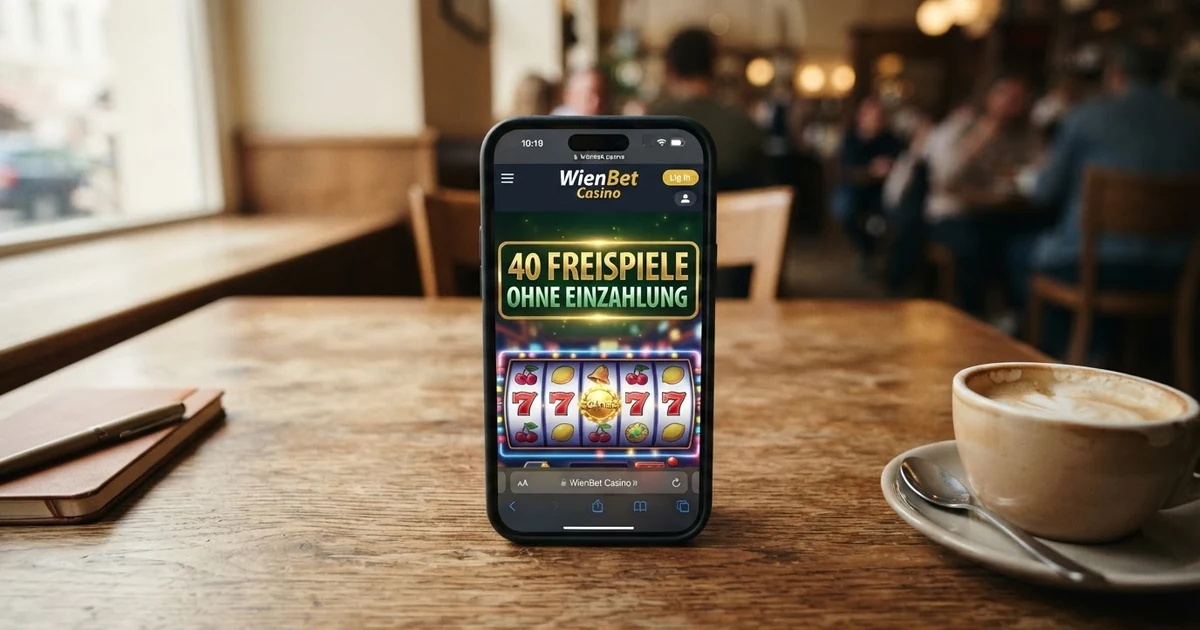 Bildschirm eines Online Casinos mit hervorgehobenem Willkommensangebot „40 Freispiele ohne Einzahlung“ und einem geöffneten Spielautomaten im Hintergrund