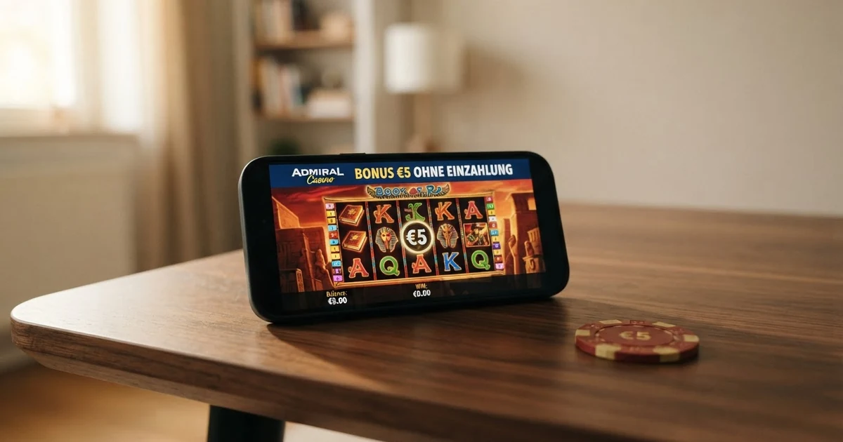 Eine Nahaufnahme eines Smartphones mit einem geöffneten Online-Casino-Startbildschirm, daneben ein 5-Euro-Schein auf einem Tisch