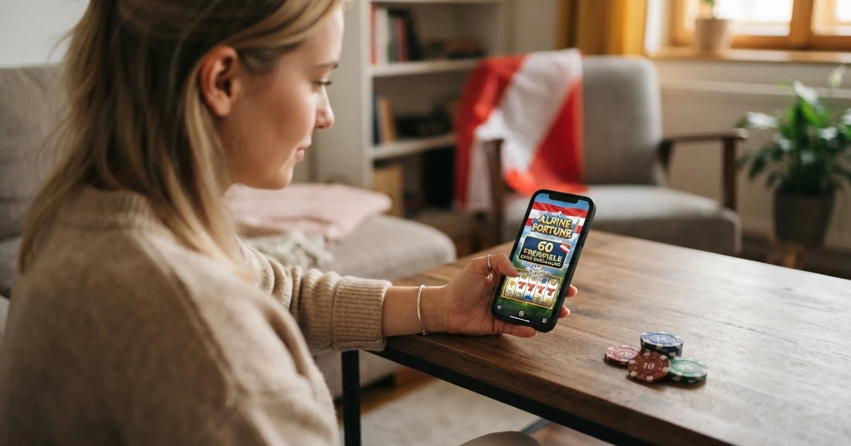 Ein Stapel Casino-Chips neben einem Smartphone mit geöffnetem Slot-Spiel; im Hintergrund eine Österreich-Flagge, dezent eingeblendet