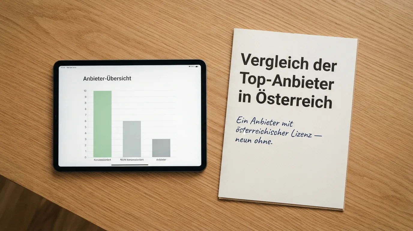 Eine tabellarische Übersicht mit Casino-Logos und farblich abgesetzten Lizenz-Markierungen — eine Zeile grün („Österreich-Konzession“), neun Zeilen grau hinterlegt („Keine AT-Konzession“)
