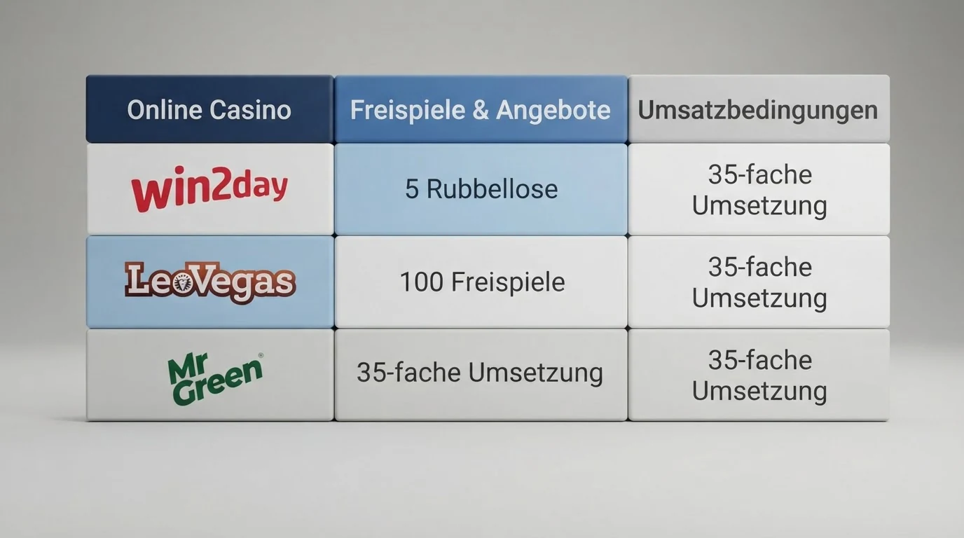 Vergleichstabelle der zehn geprüften Online-Casino-Anbieter mit AT-Lizenzstatus, Freispiel-Angeboten und Besonderheiten