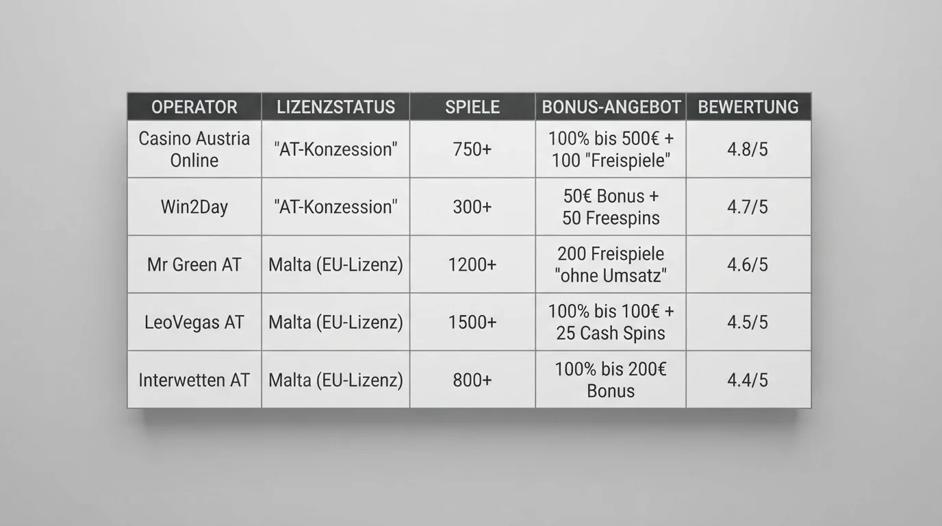 Eine übersichtliche Vergleichstabelle mit den Namen, dem Lizenzstatus und den Bonus-Angeboten der zehn vorgestellten Anbieter