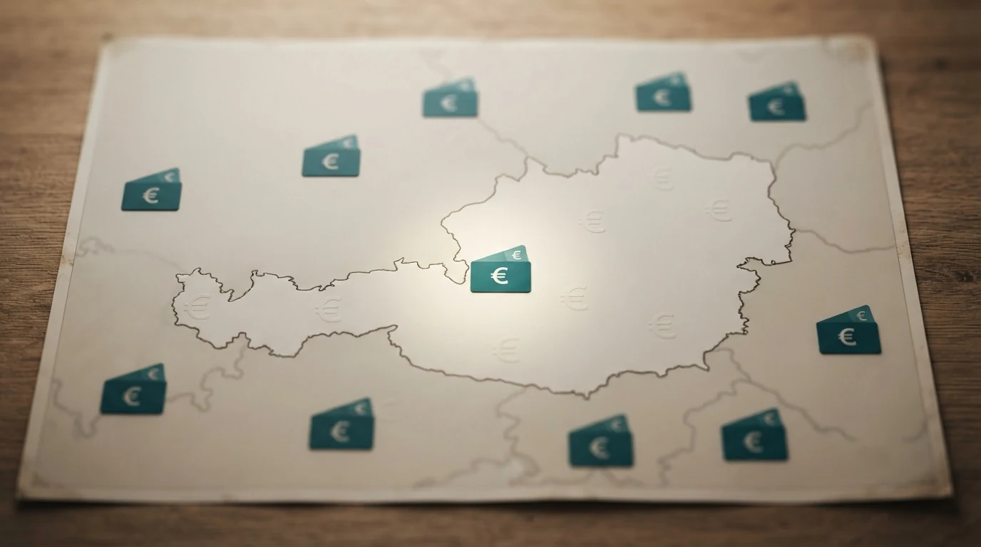 Zehn Casino-Logos angeordnet auf einer Österreich-Karte, farblich geteilt: ein Logo im lizenzierten Bereich, neun im nicht-lizenzierten Außenbereich