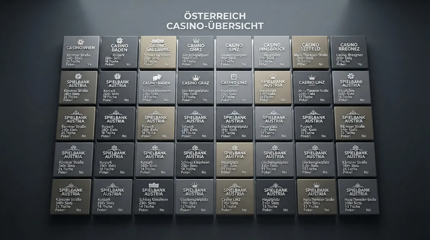 Zehn Casino-Logos in einer tabellarischen Übersicht mit farblich markierten Bewertungsspalten