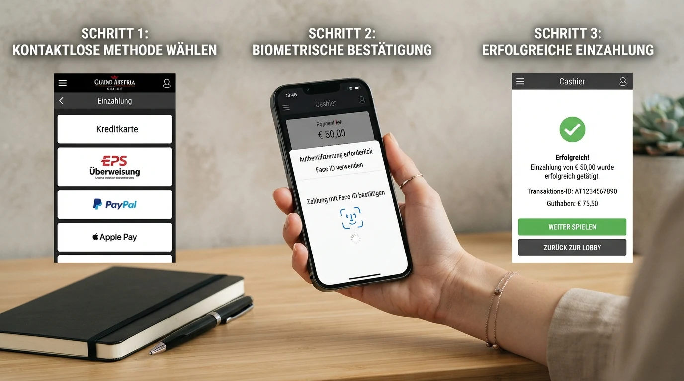 Dreischritt-Darstellung des Apple-Pay-Einzahlungsprozesses: Casino-Kasse, Face-ID-Bestätigung, Spielguthaben-Bestätigung