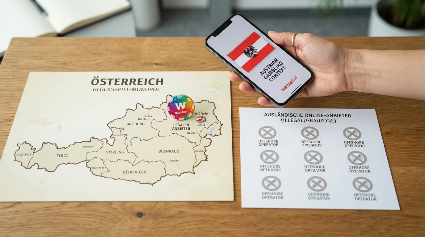 Eine stilisierte Österreich-Karte mit einem einzelnen markierten Punkt (win2day) und neun ausgegrauten Symbolen für Offshore-Anbieter ausserhalb der Landesgrenzen