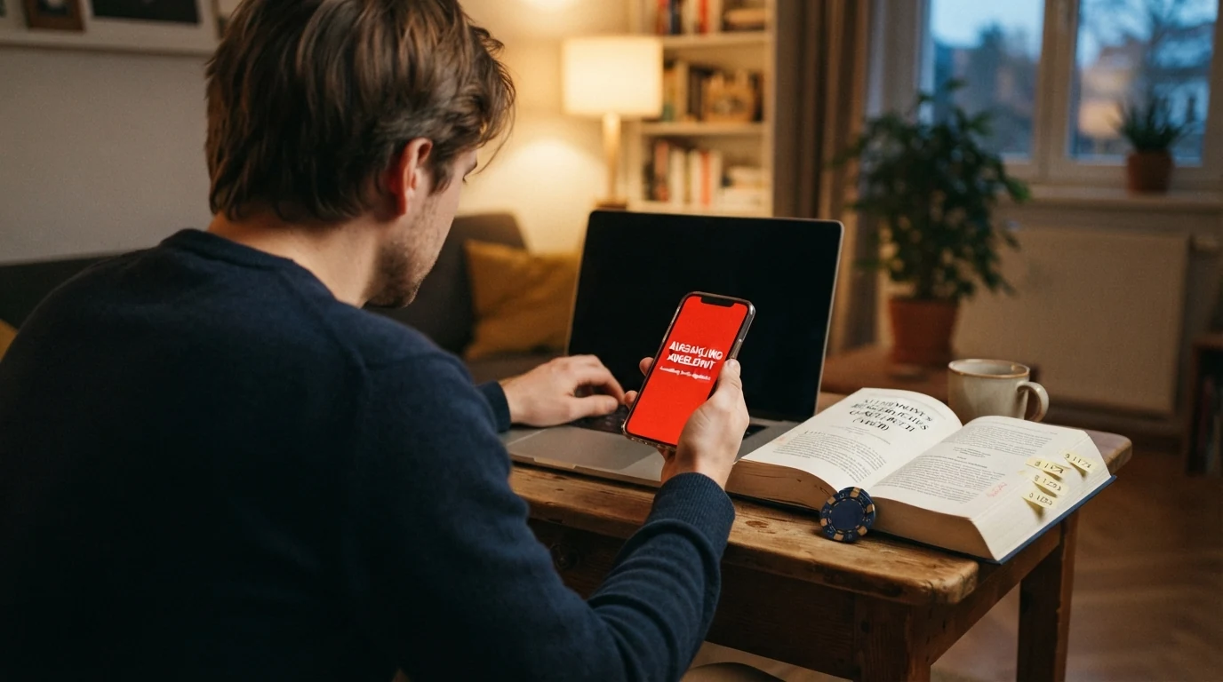 Ein verärgerter Spieler blickt auf einen Bildschirm mit der Meldung „Auszahlung abgelehnt“, daneben ein Gesetzbuch mit Lesezeichen bei § 1174 ABGB