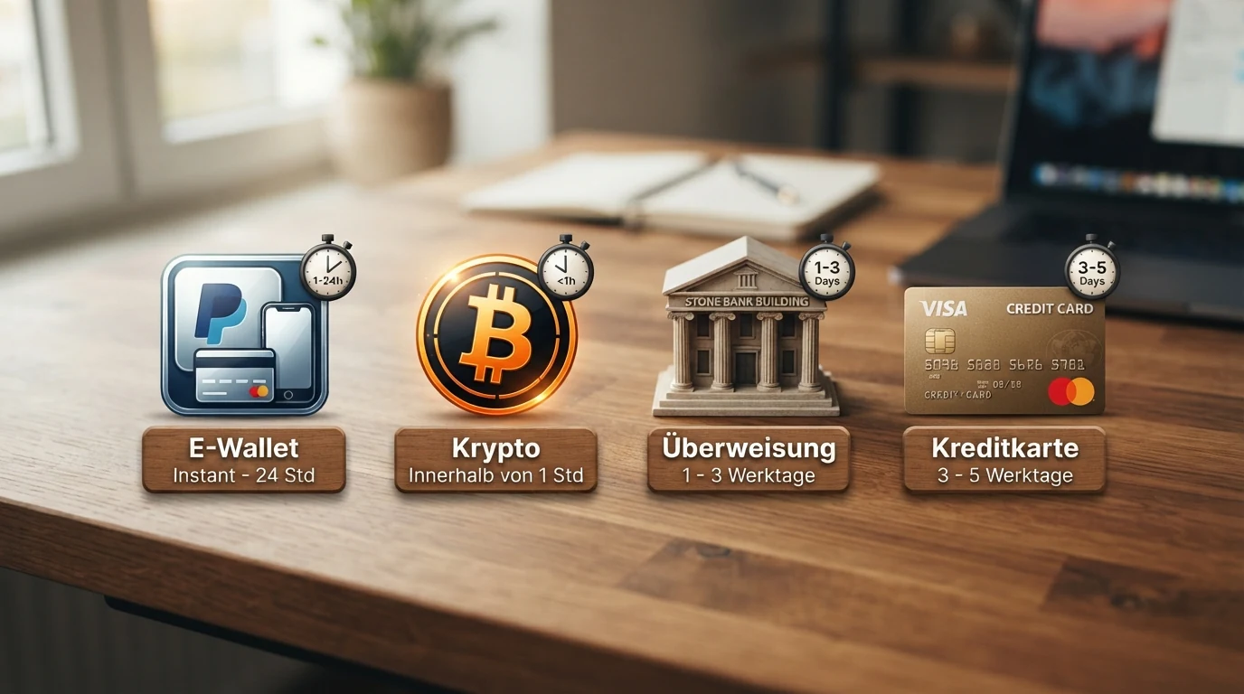 Eine grafische Übersicht mit vier Symbolen: eine digitale Geldbörse (E-Wallet), ein Bitcoin-Symbol (Krypto), ein klassisches Bankgebäude (Überweisung) und eine Kreditkarte — jedes mit einer Uhr daneben, die die typische Auszahlungsdauer anzeigt