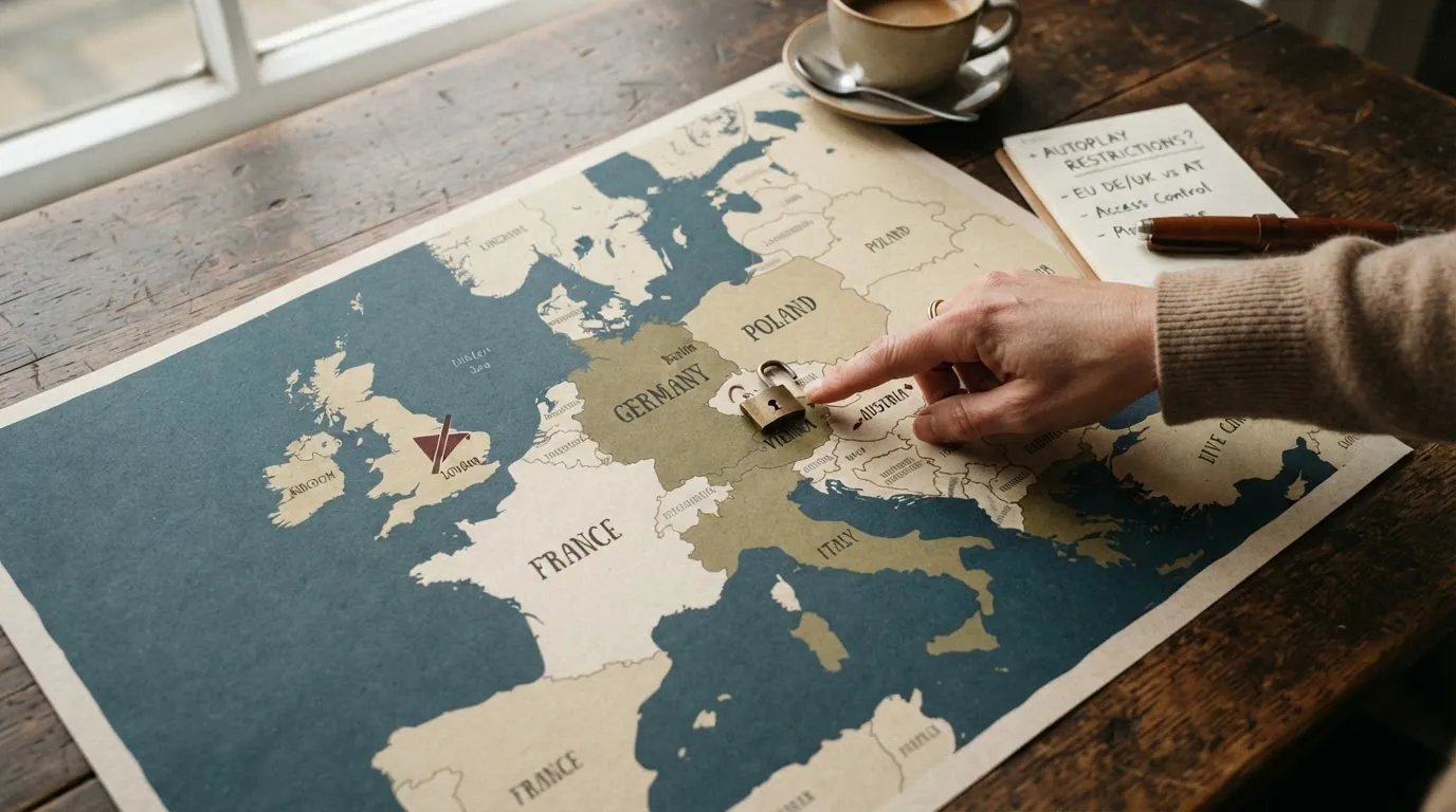 Eine stilisiertes Europa-Schaubild: Deutschland und Grossbritannien mit durchgestrichenem Autoplay-Symbol, Österreich mit eingeschränkt-freigegebenem Symbol