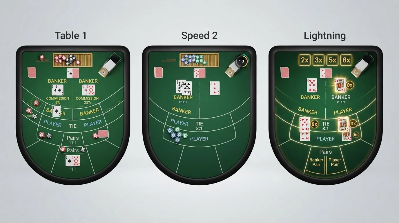 Drei nebeneinander gelegte Baccarat-Tisch-Ansichten: klassisches Layout mit Kommissionsfeld, Speed-Variante mit verkürzter Setzphase, Lightning-Variante mit aufleuchtenden Multiplikator-Ziffern