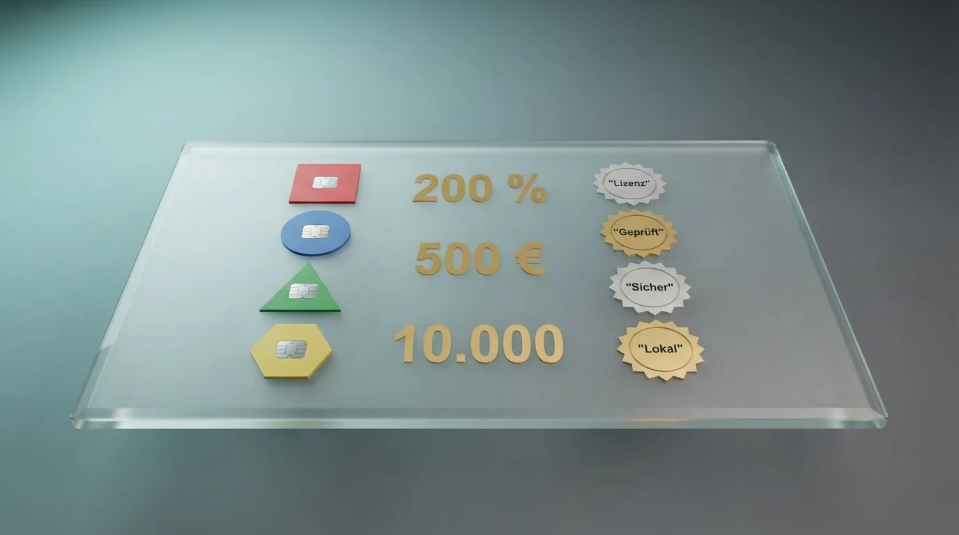 Gegenüberstellung von Casino-Logos, Bonusangaben und Lizenzsymbolen in Tabellenform