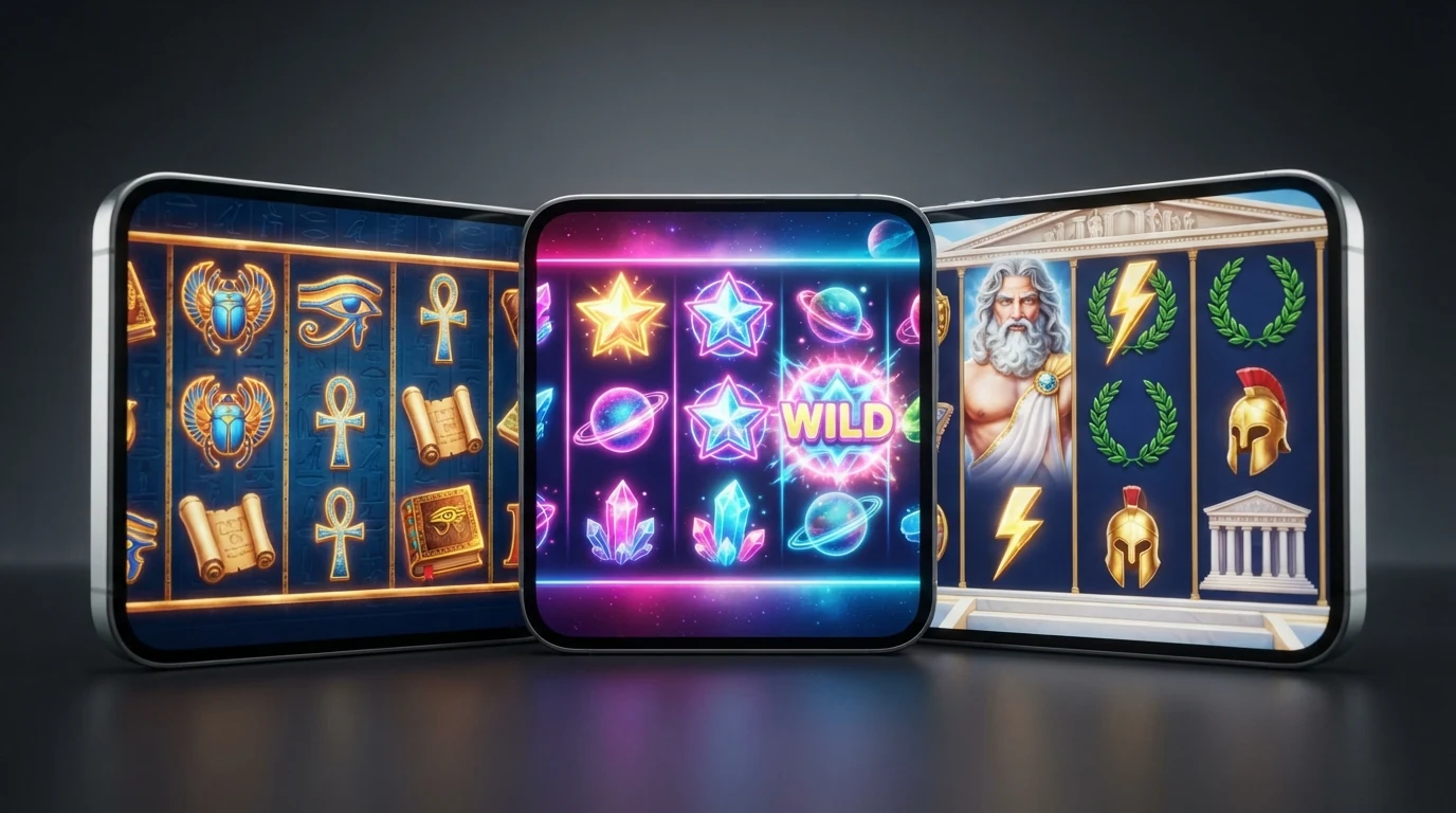 Eine Bildschirm-Collage mit drei der beliebtesten Spielautomaten (Book of Ra, Starburst, Gates of Olympus) nebeneinander, jeweils mit sichtbaren Walzen und Symbolen.