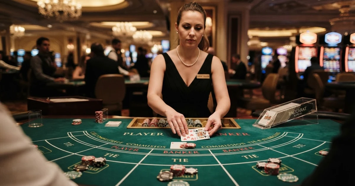 Ein Live-Baccarat-Tisch aus der Spielerperspektive: Dealerin in Abendgarderobe, acht Kartenplätze, geöffnetes Kartenschuh mit acht Decks, Wettfelder für Banker, Player und Tie auf grünem Filz