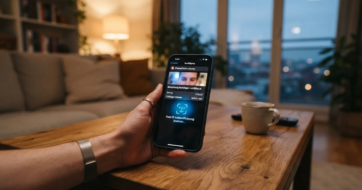 Ein iPhone zeigt den Apple-Pay-Bestätigungsbildschirm mit Face-ID-Scan, im Hintergrund das Interface eines Online Casinos