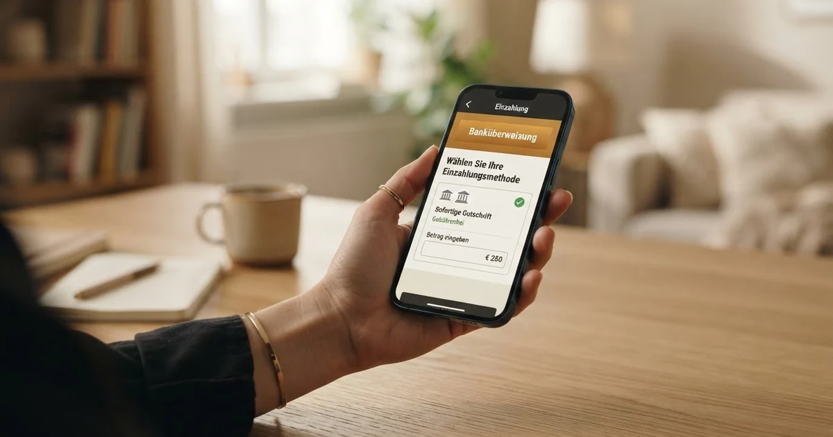 Ein geöffnetes Smartphone mit einer Online-Casino-Oberfläche, auf dem Bildschirm ist die Zahlungsoption „Banküberweisung“ hervorgehoben