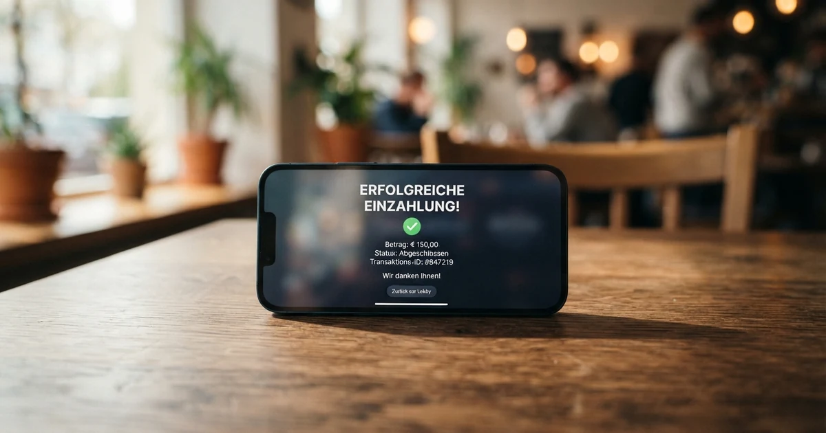 Smartphone mit Google-Pay-Logo auf einer Casino-Einzahlungsseite, der Bildschirm zeigt eine Bestätigung der Transaktion