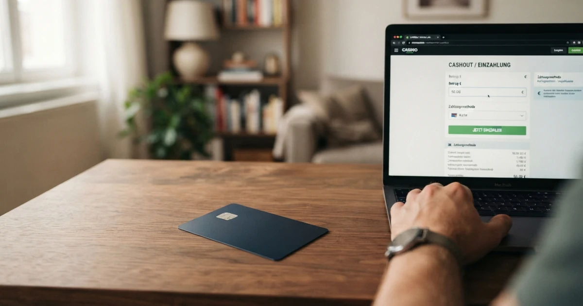 Nahaufnahme einer Kreditkarte (Visa oder Mastercard) neben einem geöffneten Laptop mit sichtbarem Online-Casino-Kassenbereich, die Kartenvorderseite mit geprägtem Chip ist scharf, der Bildschirm zeigt die Einzahlungsmaske mit Euro-Betrag