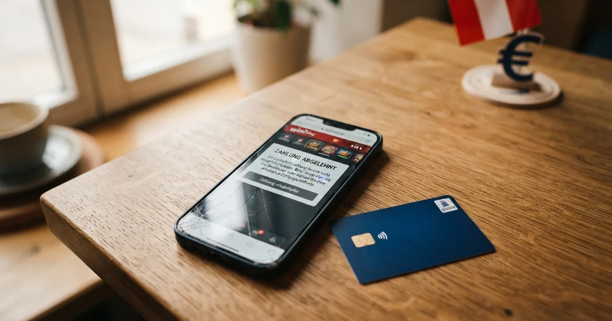 Eine Bankkarte und ein Smartphone mit geöffneter Casino-App — die Lastschrift-Einzahlung wird mit einem Hinweis auf die abgelehnte Zahlungsmethode quittiert