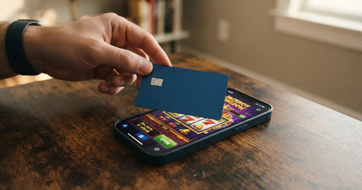 Eine Mastercard-Kreditkarte liegt auf einem Smartphone mit geöffneter Casino-App