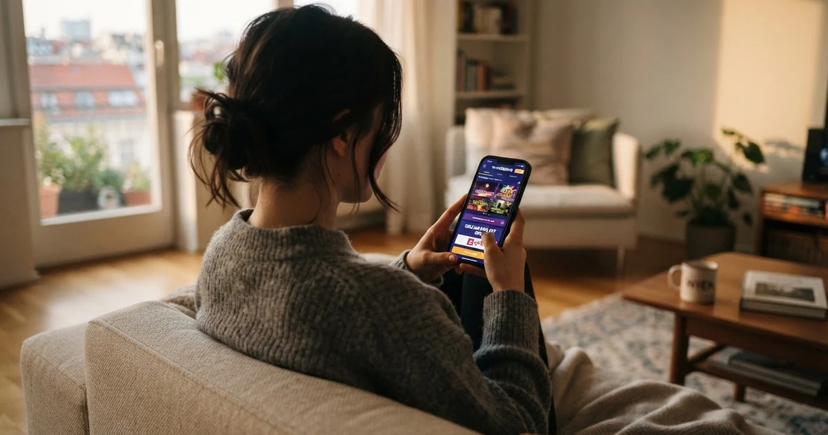 MiFinity E-Wallet-Logo auf einem Smartphone-Bildschirm neben einer Casino-Lobby mit Spielautomaten