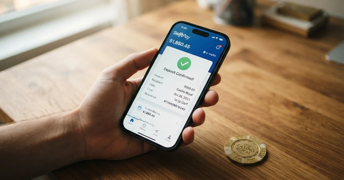 MuchBetter-App auf einem Smartphone mit geöffneter Transaktionsbestätigung und dem MuchBetter-Logo im Hintergrund