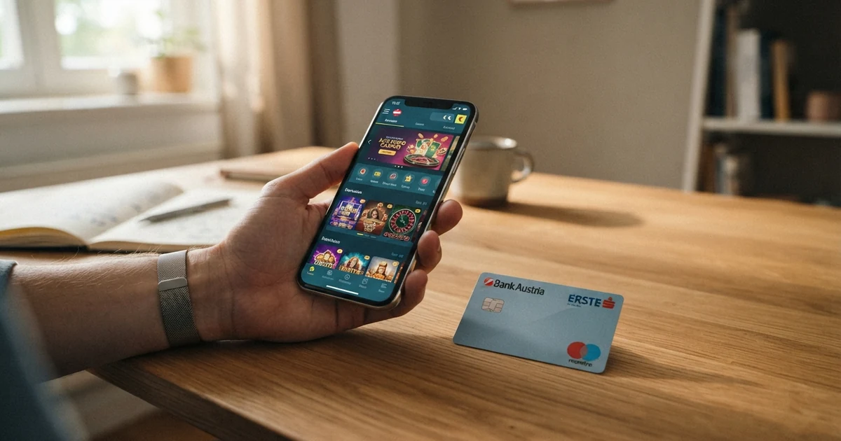 Smartphone mit Neteller-App und Casino-Lobby im geöffneten Browser, davor eine österreichische Kreditkarte