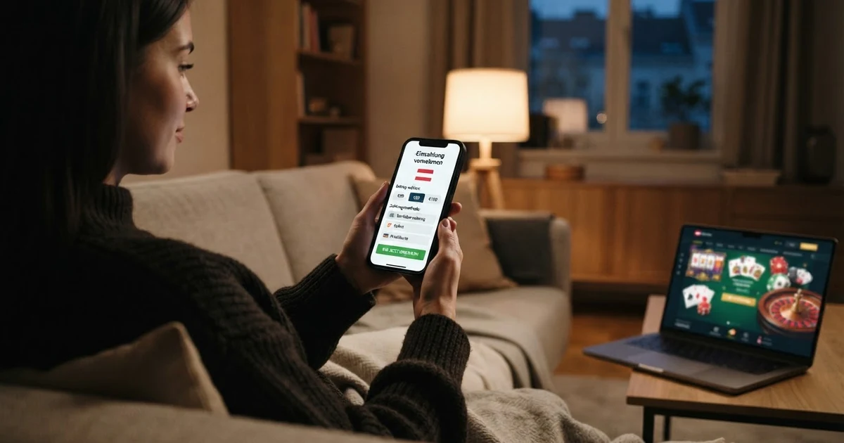 Smartphone-Bildschirm mit einer Trustly-Einzahlungsmaske, im Hintergrund ein stilisiertes Online-Casino-Interface mit Spielkarten und Walzen