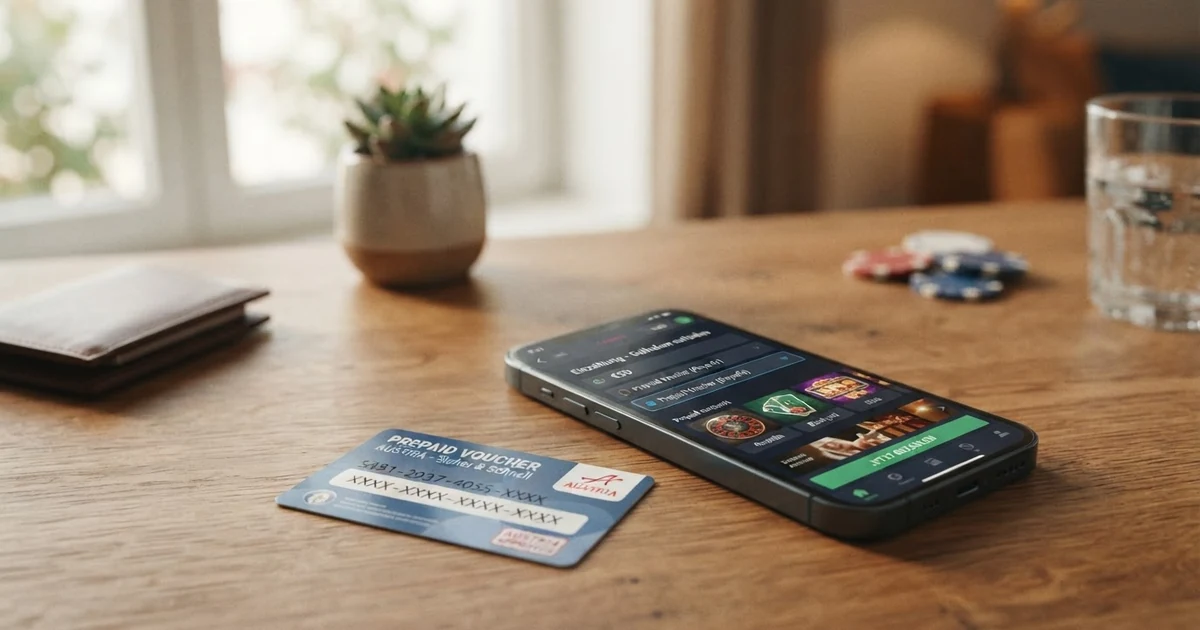 Eine myPaysafe-Kontokarte und ein Smartphone mit geöffneter Casino-App, auf der die Paysafecard-Einzahlung ausgewählt ist