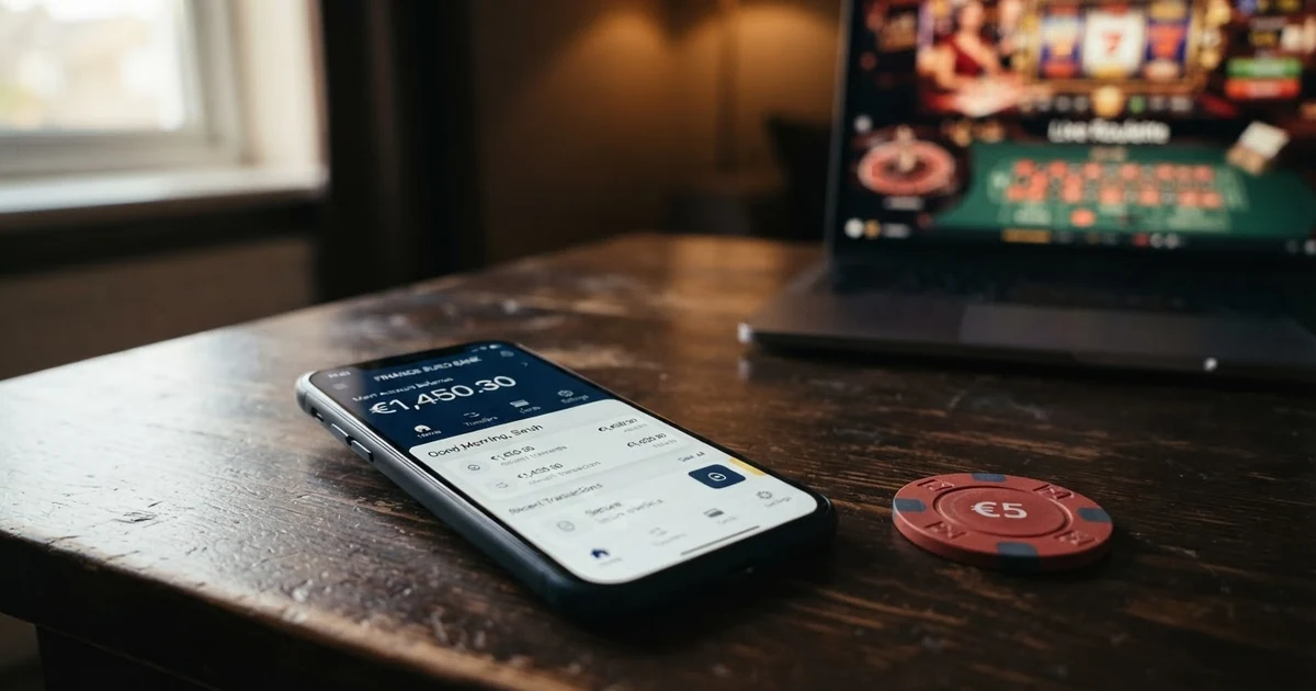 Revolut-App auf einem Smartphone-Bildschirm neben einem Online-Casino-Spiel, mit Einzahlungs-Button im Vordergrund