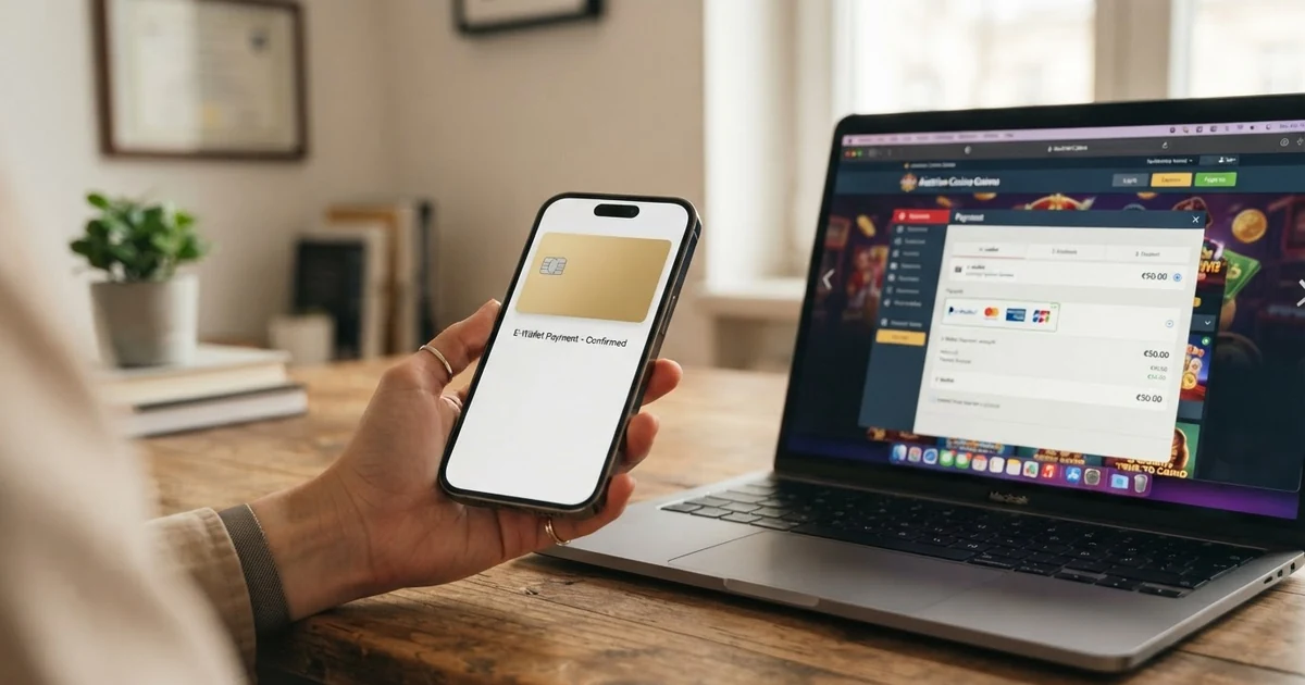 Skrill-Logo auf einem Smartphone-Bildschirm neben einer geöffneten Online-Casino-Kasse