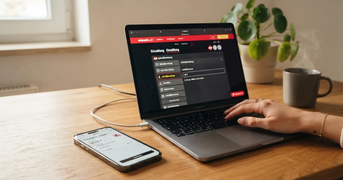 Ein geöffneter Laptop mit einer Casino-Website, auf der die Zahlungsoption Sofortüberweisung/Klarna ausgewählt ist, daneben ein Smartphone mit geöffneter Banking-App und TAN-Eingabe