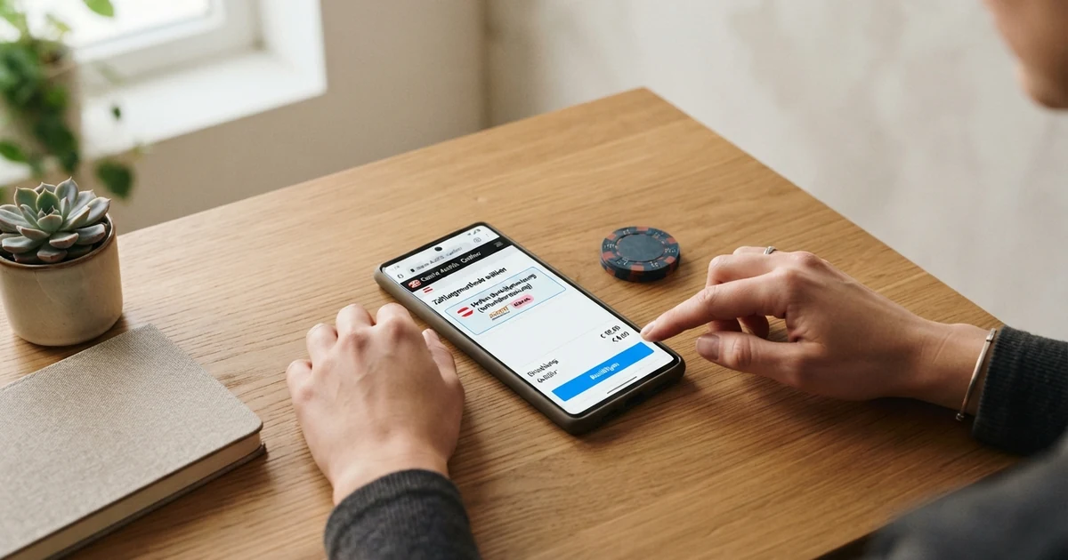 Ein Smartphone-Bildschirm zeigt die Kassen-Seite eines Online-Casinos mit dem Trustly-Logo als ausgewählter Zahlungsmethode, daneben liegt eine österreichische Bankkarte