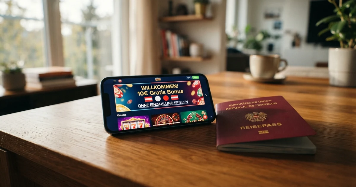 Ein Smartphone mit geöffneter Casino-App und einem Willkommensbonus-Banner, daneben ein österreichischer Reisepass
