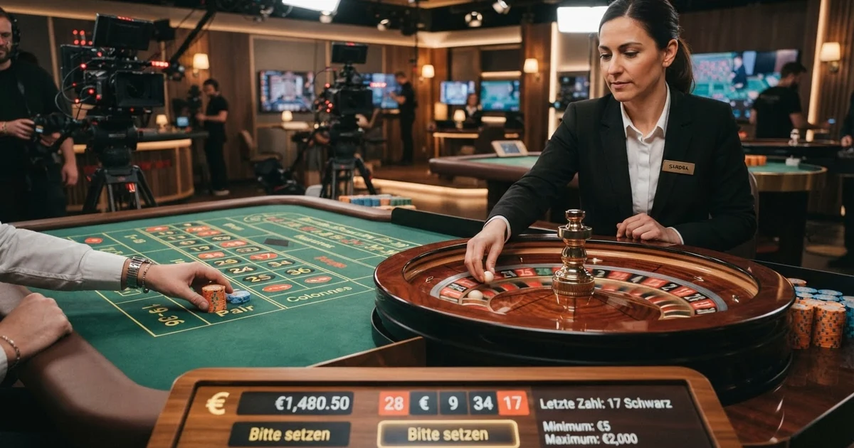 Ein professionelles Live-Casino-Studio mit Croupier am Roulette-Tisch, mehreren Kameraperspektiven und digitalem Wett-Interface im Vordergrund