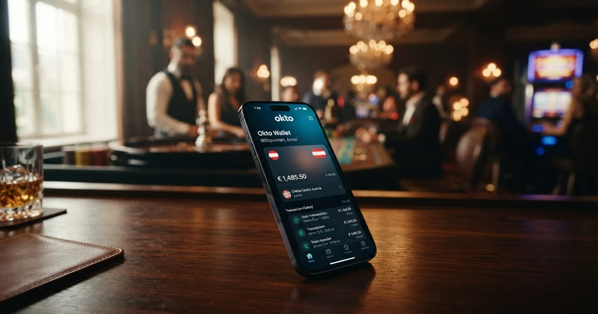 Okto-Wallet-App-Startbildschirm auf einem Smartphone vor einem Casino-Hintergrund mit Willkommensbonus-Werbung