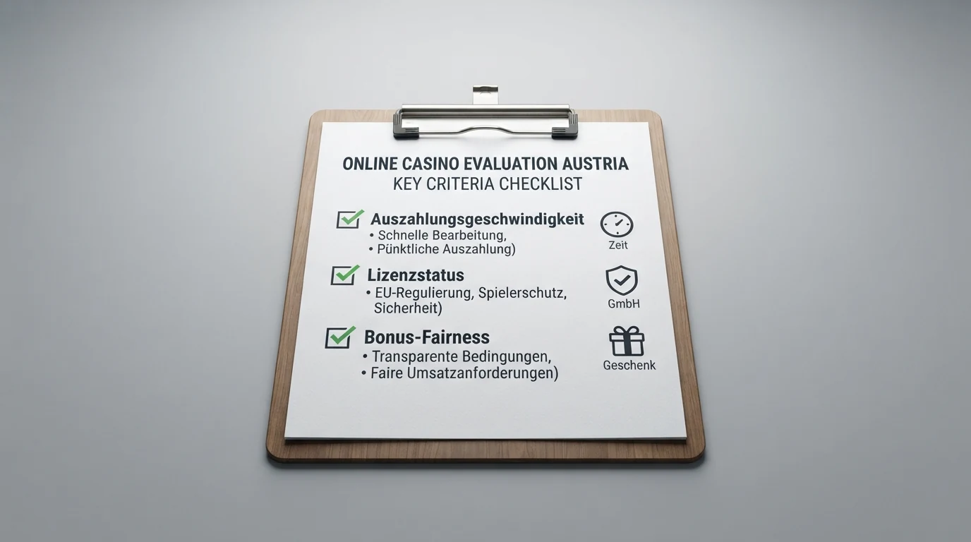 Eine Checkliste auf einem Klemmbrett mit den drei Hauptkriterien „Auszahlungsgeschwindigkeit“, „Lizenzstatus“ und „Bonus-Fairness“ — jeweils mit einem abgehakten Kästchen daneben