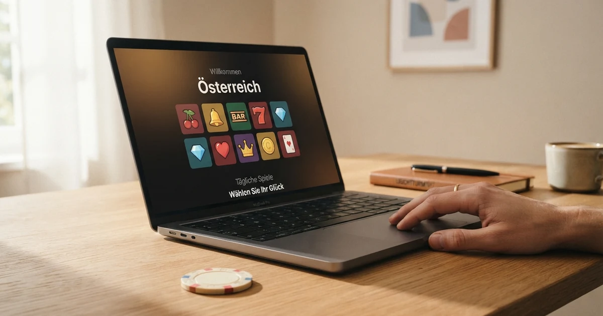 Zehn Casino-Logos auf einem Bildschirm mit einer Lupe über dem Schriftzug „Österreich“, daneben das BNB-Logo und eine Wallet-Adresse