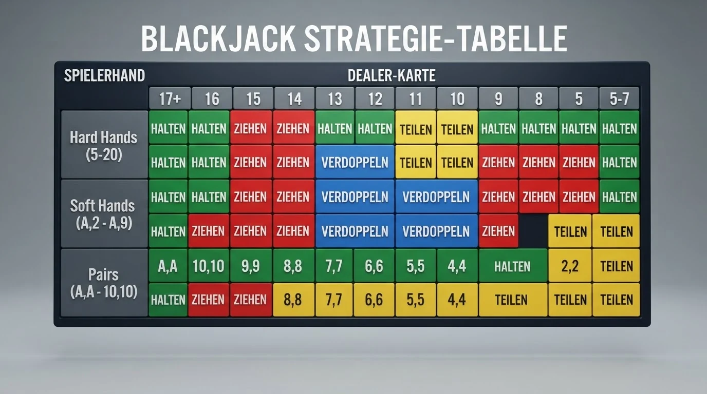 Eine farblich in Halten, Ziehen, Verdoppeln und Teilen gegliederte Blackjack-Strategietabelle mit allen Spielerhand-Dealer-Kombinationen