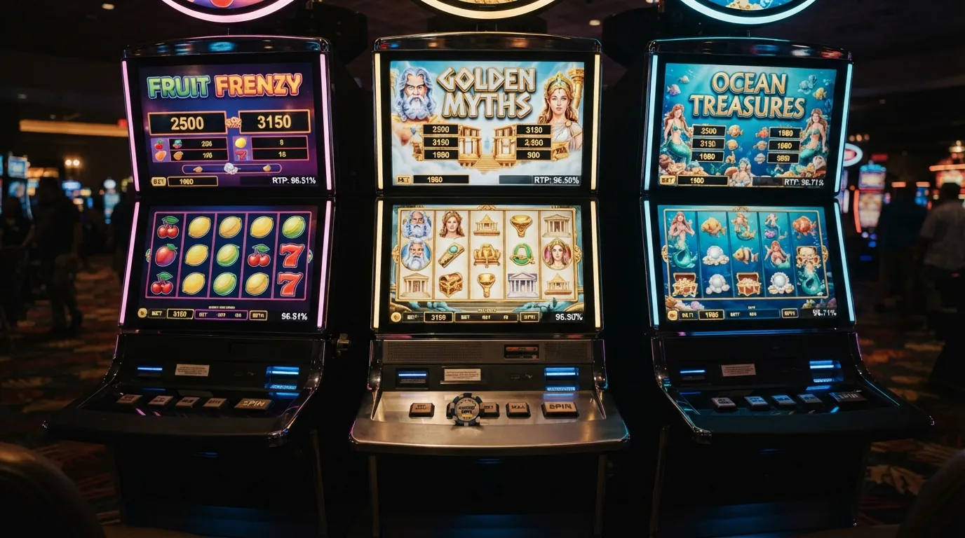 Drei Slot-Titel von Pragmatic Play nebeneinander — Sweet Bonanza, Gates of Olympus und Big Bass Bonanza — mit eingeblendeten RTP-Prozentzahlen und Volatilitätsbalken