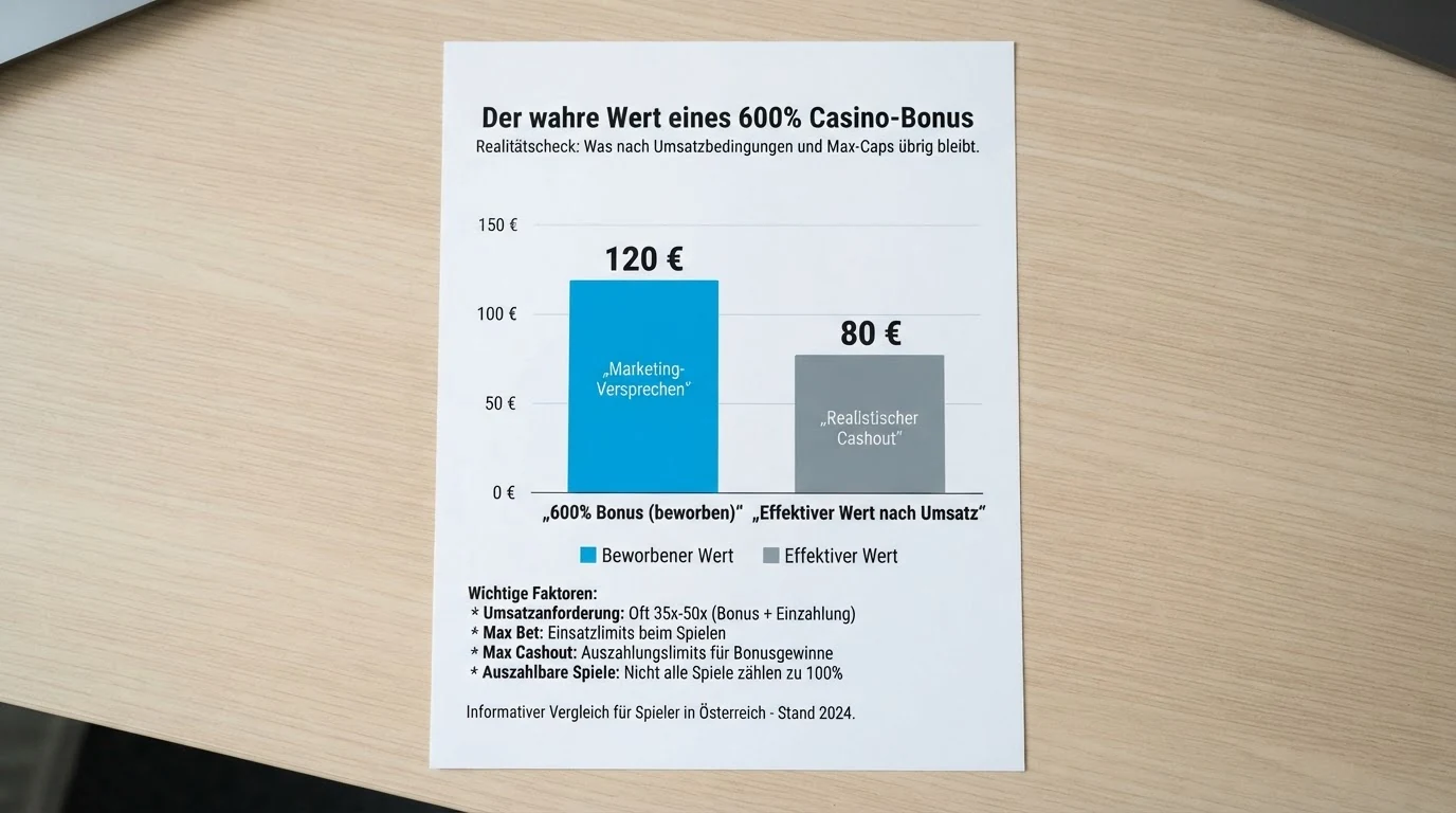Eine schematische Gegenüberstellung: links der beworbene 600-%-Bonusbetrag, rechts der nach Abzug von Wagering-Kosten und Max-Cap verbleibende effektive Wert