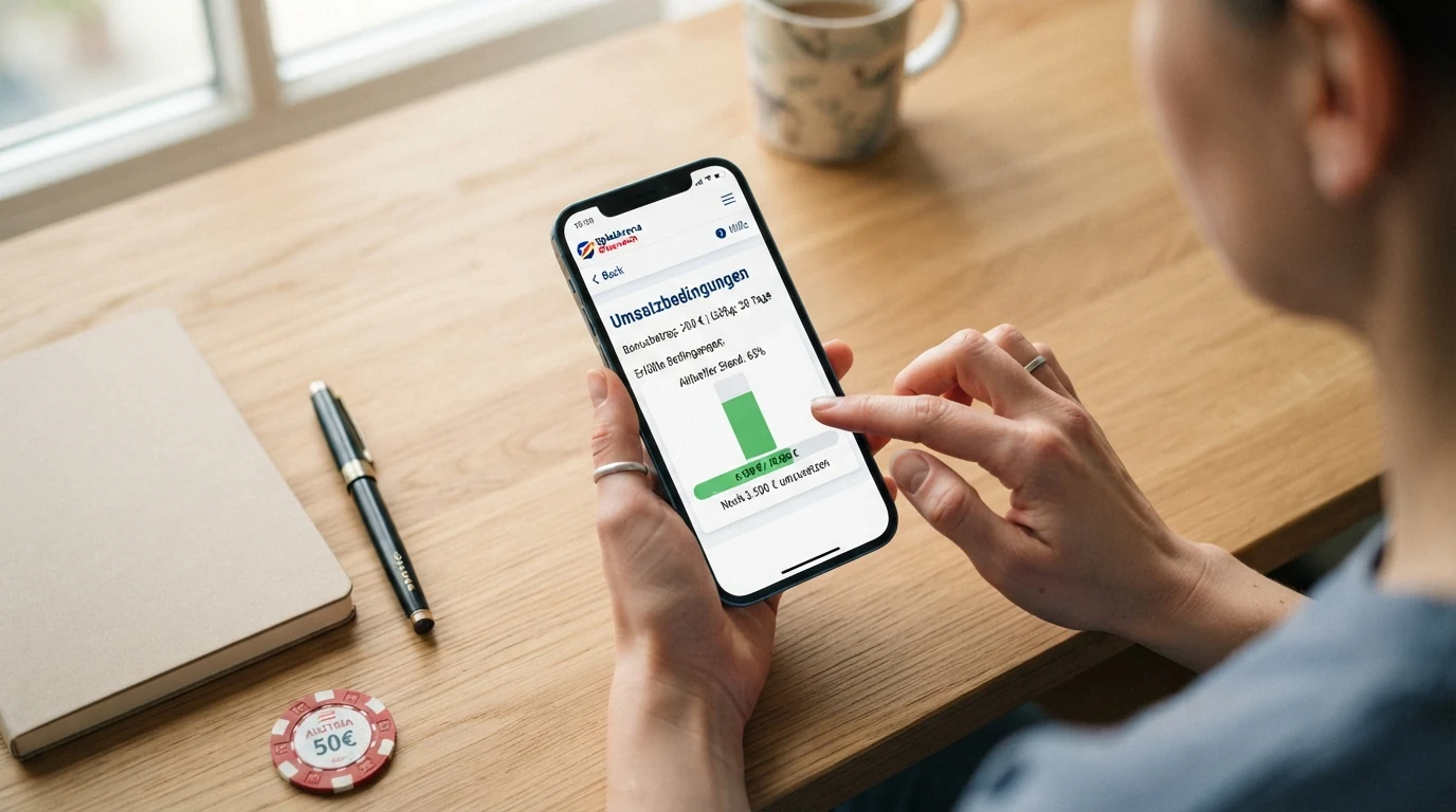 Nahaufnahme eines Smartphone-Bildschirms mit aufgelisteten Bonusbedingungen und hervorgehobener Umsatzanforderung