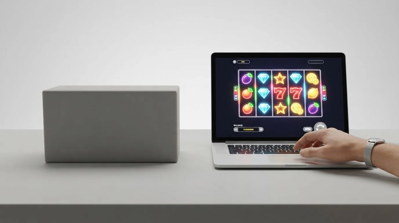 Eine Gegenüberstellung: links das Symbol für einen durchgestrichenen Bonus (leer), rechts ein geöffnetes Casino mit der Aufschrift „Ersteinzahlung erforderlich“