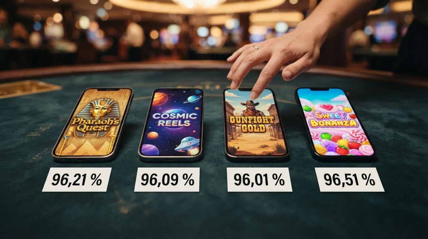 Vier Spielautomaten-Titelbilder in einer Reihe: Book of Dead, Starburst, Wolf Gold und Sweet Bonanza mit darunter eingeblendeten RTP-Prozentwerten