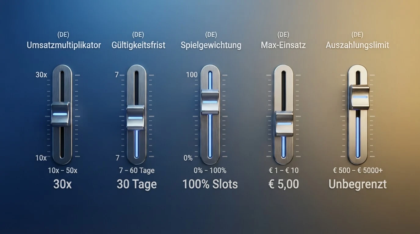 Fünf nebeneinander liegende Regler oder Schieberegler, beschriftet mit Symbolen für Uhr, Prozentrechnung, Geldsack, Spielkarten und Limit-Schild