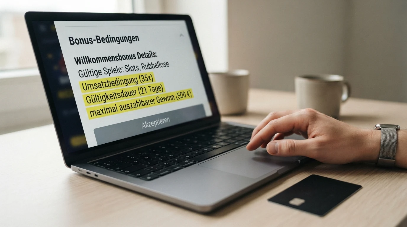Nahaufnahme eines Bildschirm-Ausschnitts mit den Bonusbedingungen: Zeilen für Umsatzbedingung (35x), Gültigkeitsdauer (21 Tage) und maximal auszahlbaren Gewinn (500 €) sind mit einem Textmarker hervorgehoben