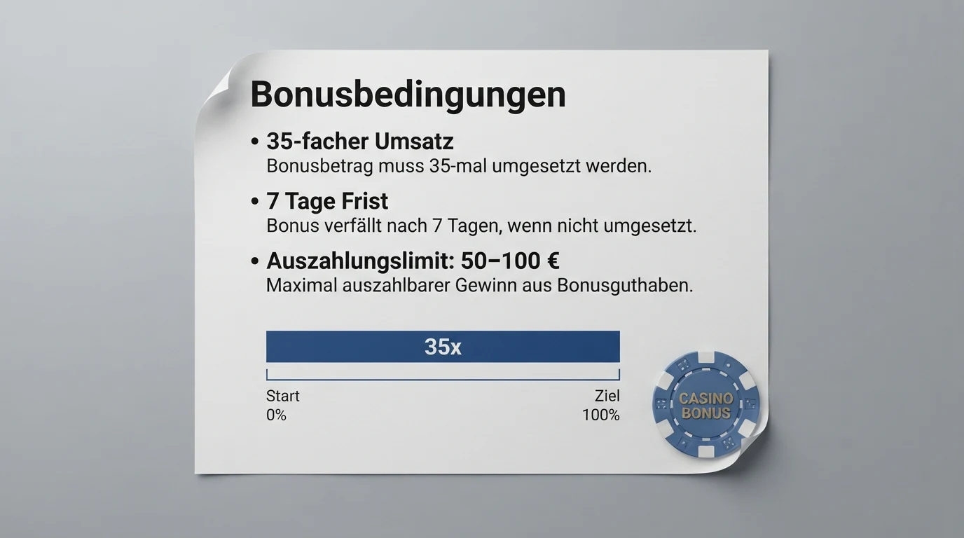 Eine Nahaufnahme der Bonusbedingungen eines Online-Casinos mit hervorgehobenen Umsatzanforderungen und Fristen