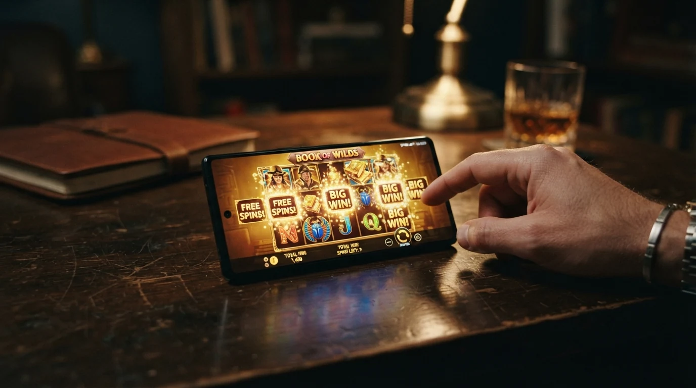 Der Spielautomat Book of Dead von Play'n GO mit dem altägyptischen Setting, den Scatter-Symbolen und der Freispiel-Bonusrunde auf einem Smartphone-Bildschirm